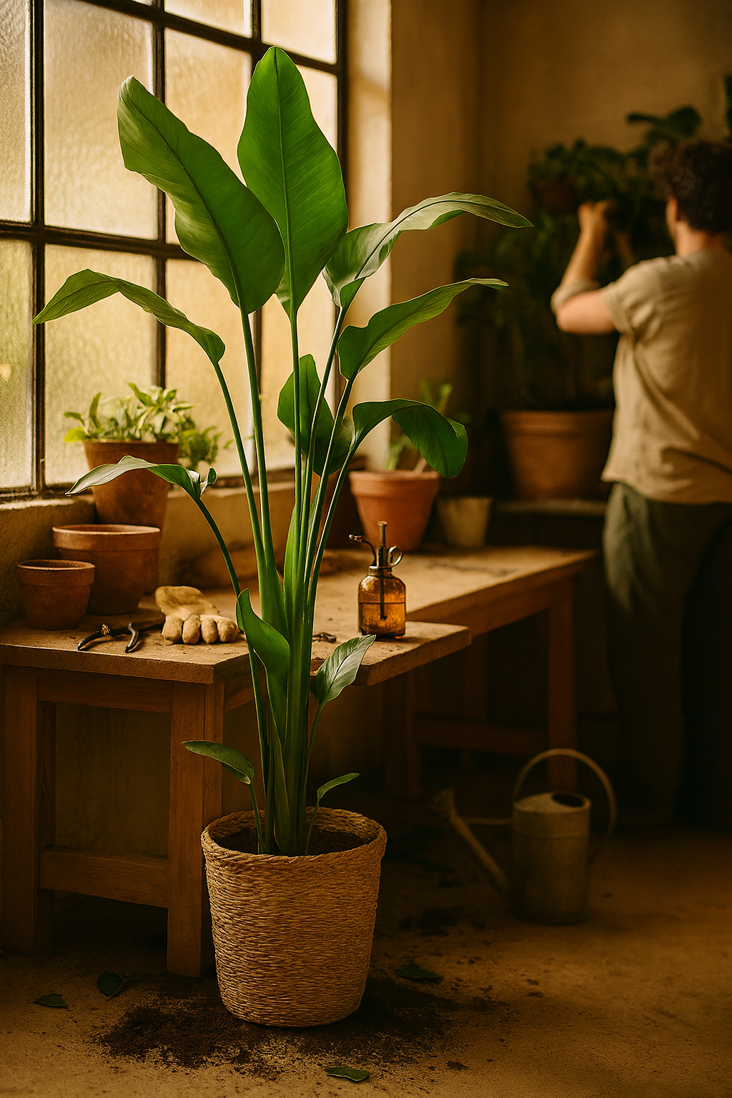 Strelitzia Nicolai XL – Plante d’intérieur tropicale 140 cm avec panier Torun Ø27 cm | Élégance naturelle et feuillage spectaculaire