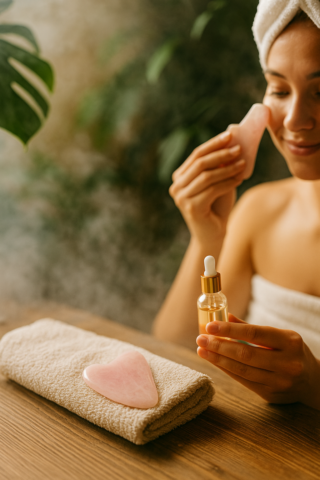 Gua Sha en Quartz Rose & Jade Naturel – Massage Facial Ancestral