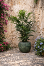 Pot Fabien Mystic Green – Cache-pot rond en métal vert fait main mat texturé Ø57xH54