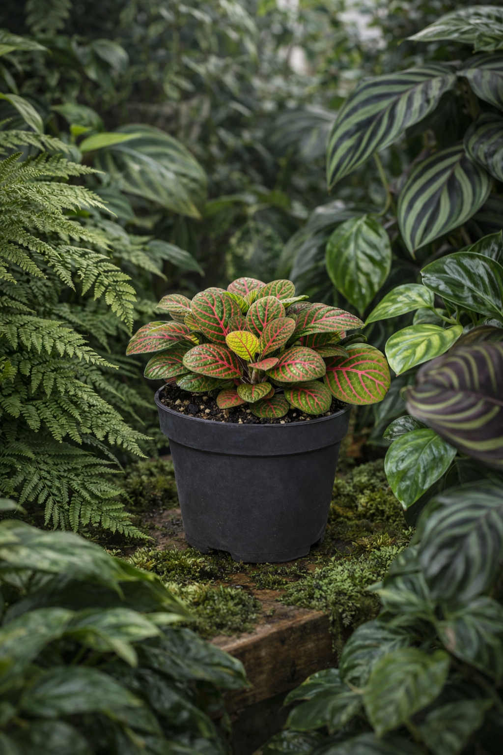 Fittonia Bubble Red – Red and green tropical mosaic plant – Ø8.5 cm