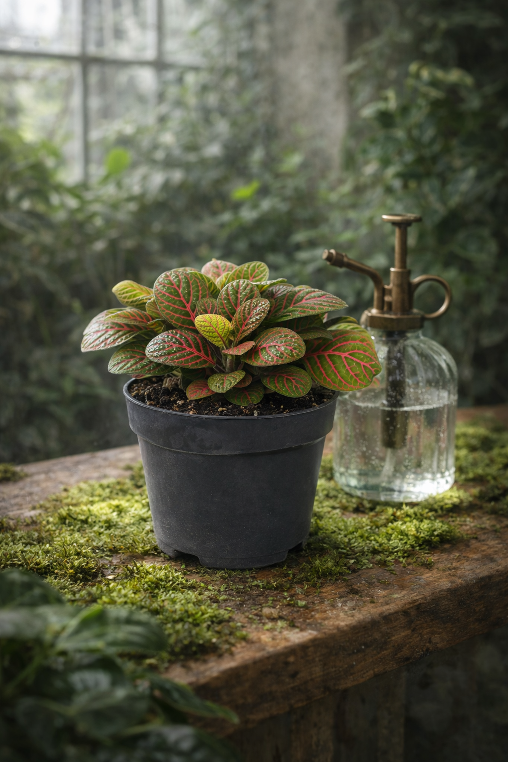 Fittonia Bubble Red – Red and green tropical mosaic plant – Ø8.5 cm