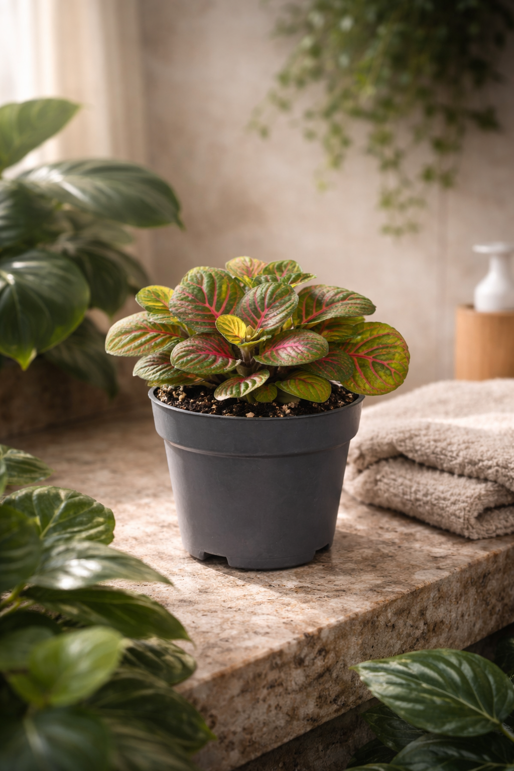 Fittonia Bubble Red – Plante mosaïque tropicale rouge et verte – Ø8,5 cm