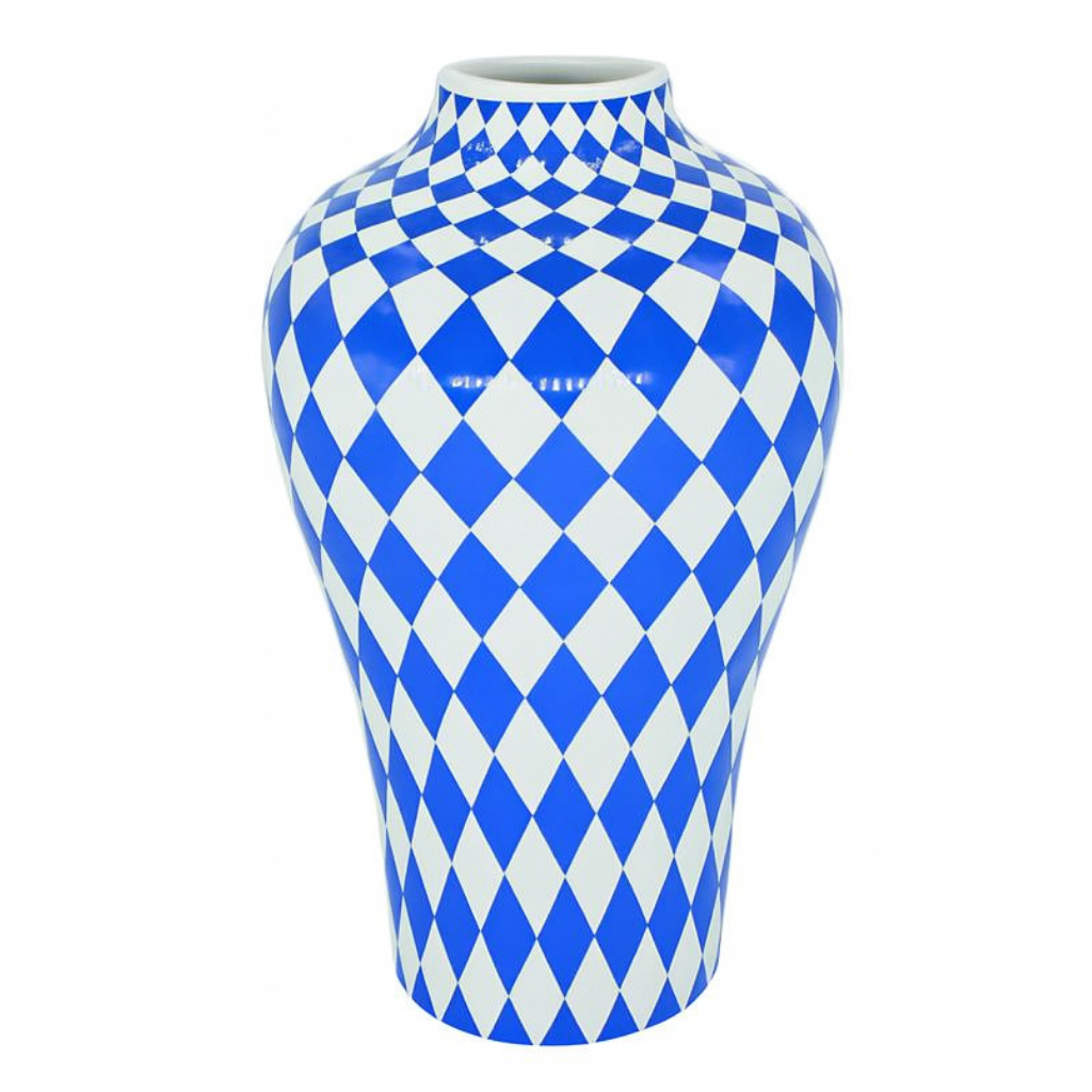 Vase en Céramique Bleue – Motifs Géométriques Modernes (Rayures, Losanges, Pois) – Déco Design 25 cm