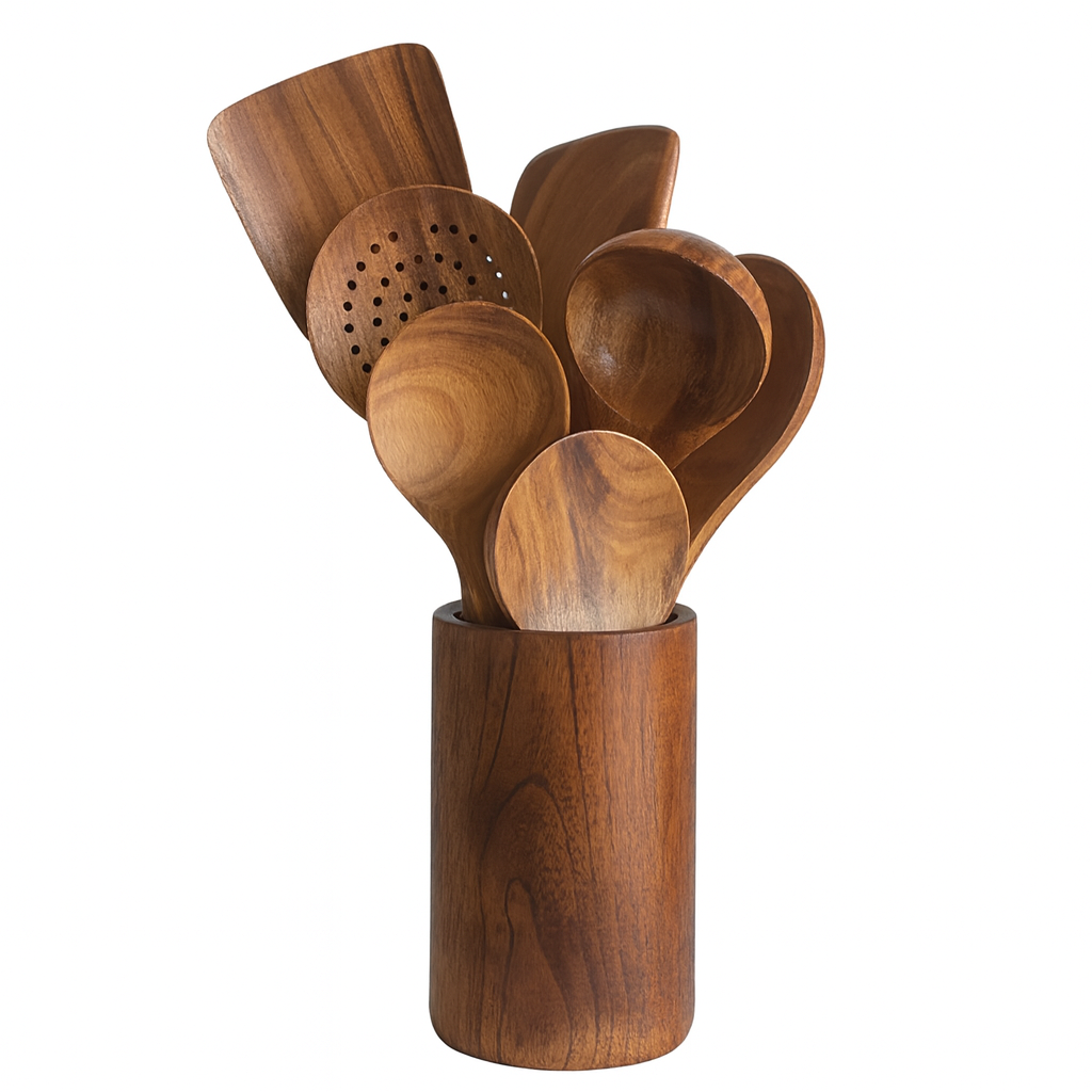 Ensemble d’Ustensiles de Cuisine en Bois avec Pot – Kit 8 pièces Premium (Cuillères, Spatules, Louche, Fourchette) – Éco-responsable & Durable