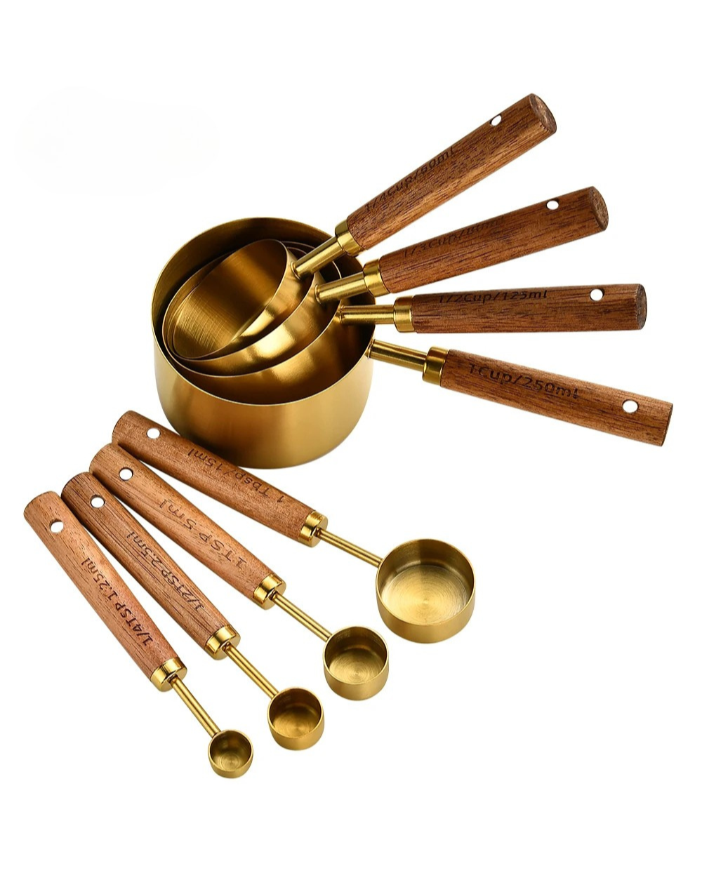 Ensemble de 8 cuillères et tasses à mesurer – Acier inoxydable doré/argenté avec manche en bois