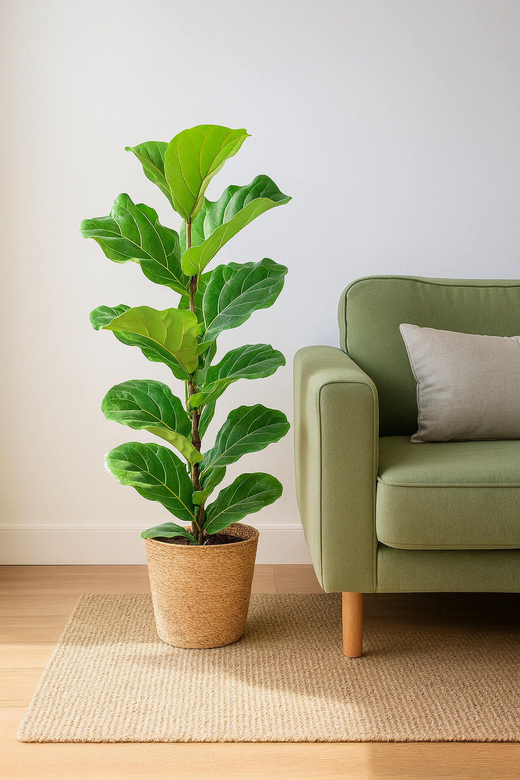 Ficus Lyrata 80 cm avec Pot Sofia Ø21 en Jonc de Mer – Vioolbladplant, Élégance Naturelle