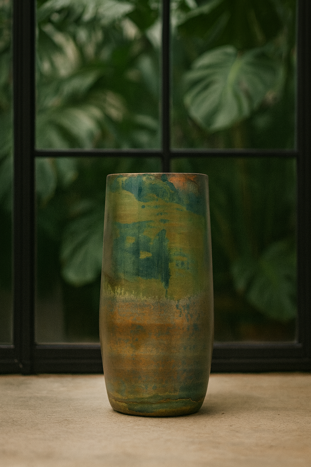 Vase décoratif Elisa Vintage Green en métal patiné – Ø29 × H50 cm