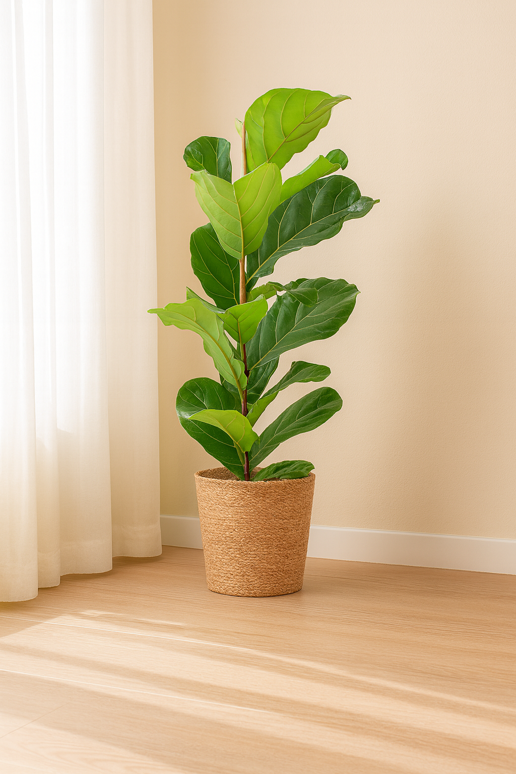 Ficus Lyrata 80 cm avec Pot Sofia Ø21 en Jonc de Mer – Vioolbladplant, Élégance Naturelle
