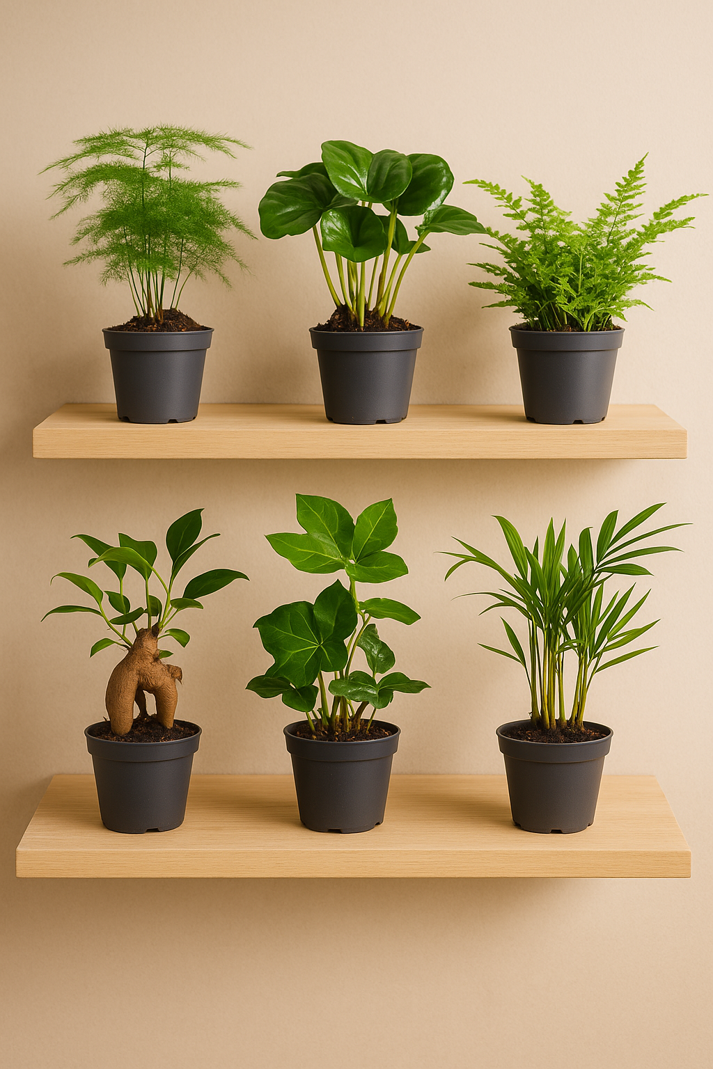 Set de 6 Mini Plantes Vertes – Pot Ø6 cm | Asparagus, Coffea Arabica, Ficus Ginseng, Fougère, Hedera, Bergpalm
