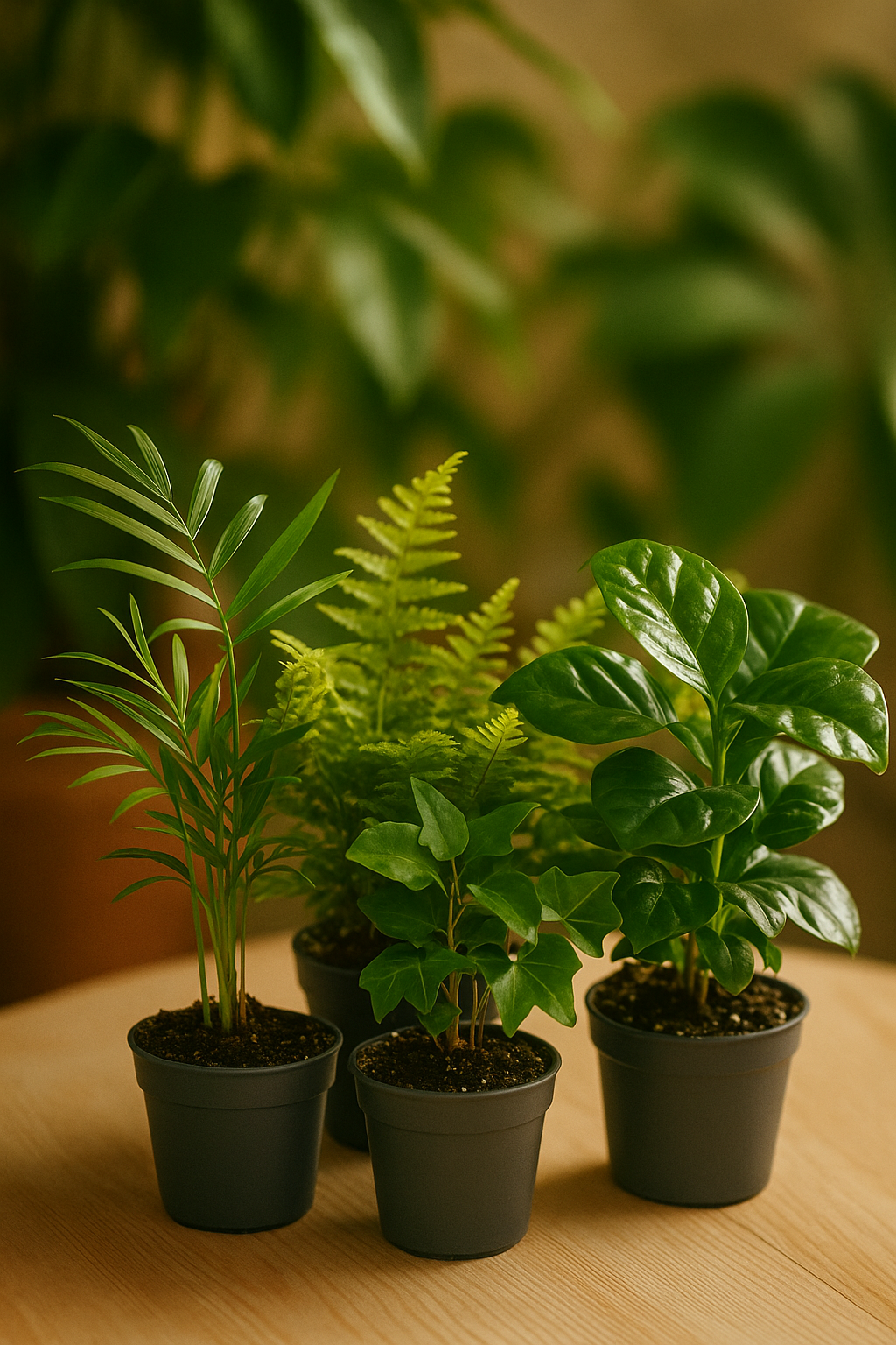 Set de 6 Mini Plantes Vertes – Pot Ø6 cm | Asparagus, Coffea Arabica, Ficus Ginseng, Fougère, Hedera, Bergpalm