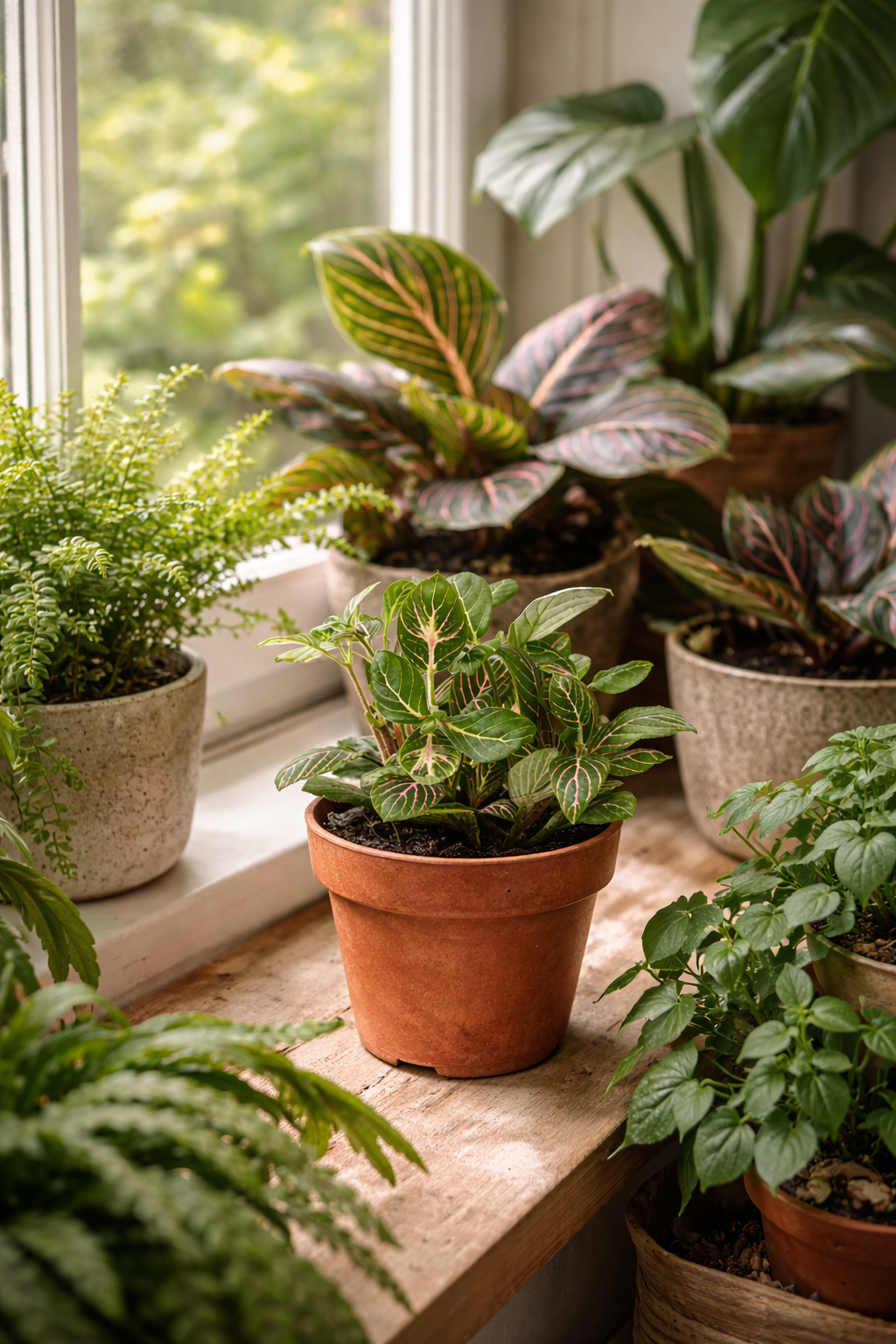 Fittonia Joly Josan – plante mosaïque rouge et verte tropicale – Ø8,5 cm