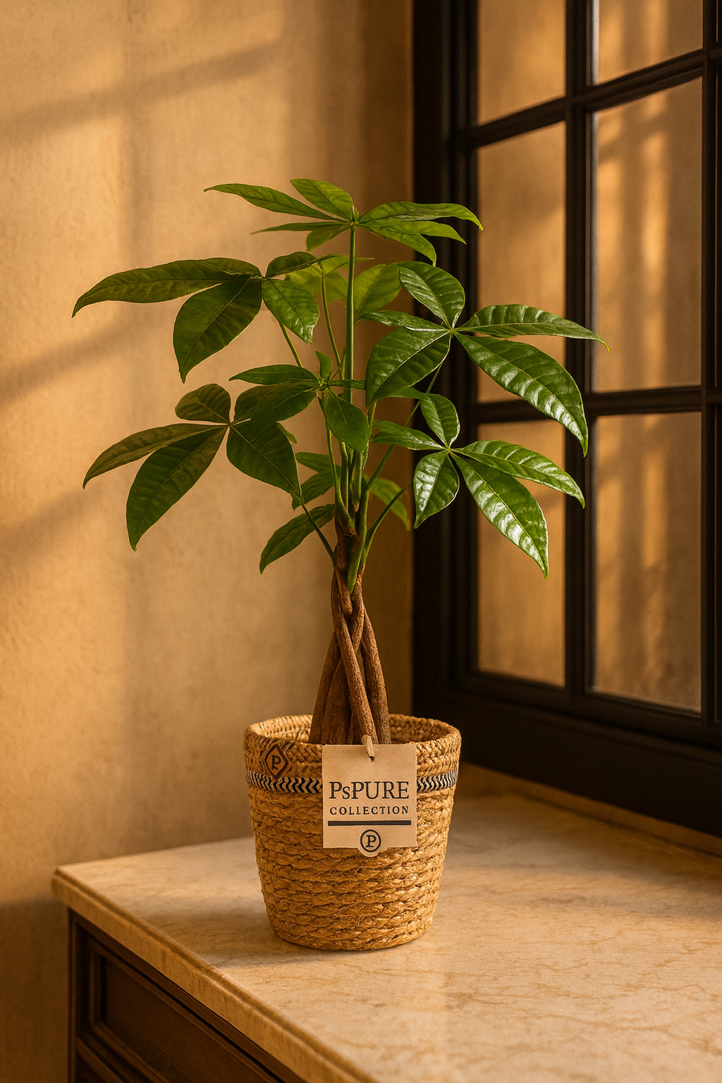 Pachira Aquatica – 45 cm – P&PURE Collection Céramique Noire ou Panier Naturel – Pot Ø12 cm