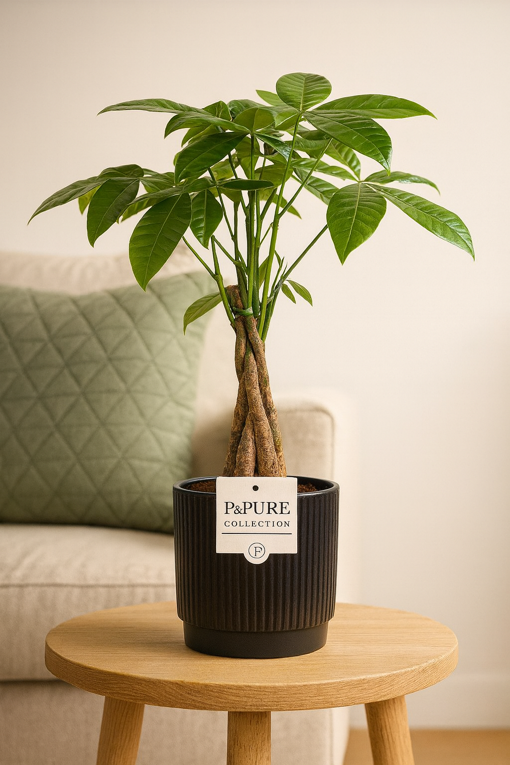 Pachira Aquatica – 45 cm – P&PURE Collection Céramique Noire ou Panier Naturel – Pot Ø12 cm