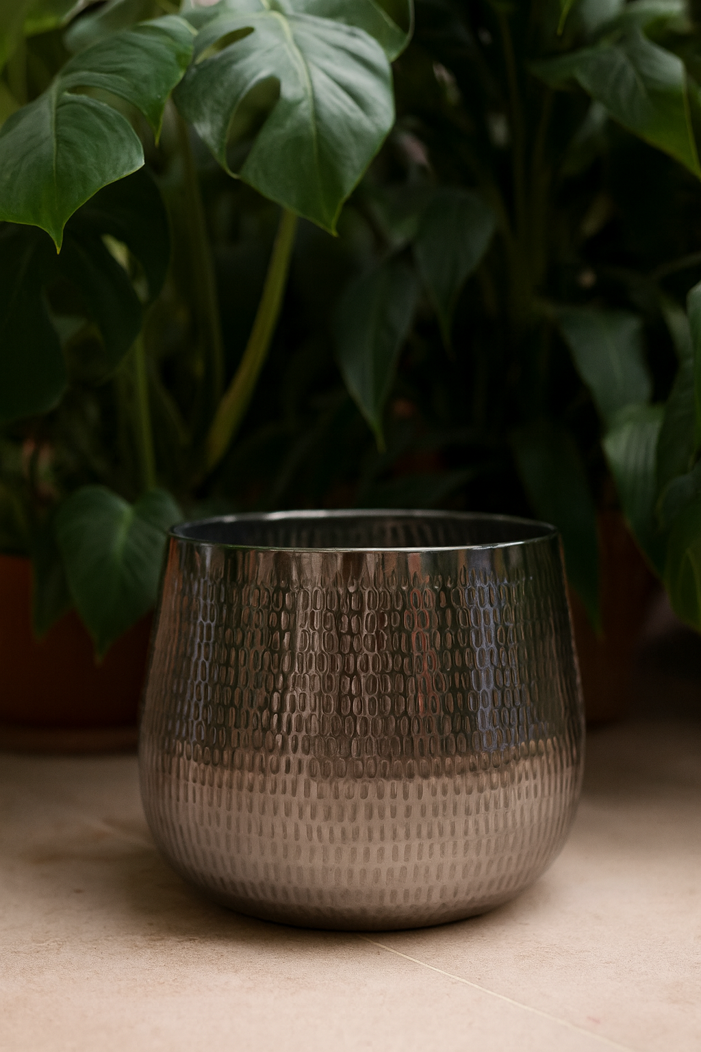Jenna Lead Anthracite Hammered Cachepot – Contemporary Ceramic Planter