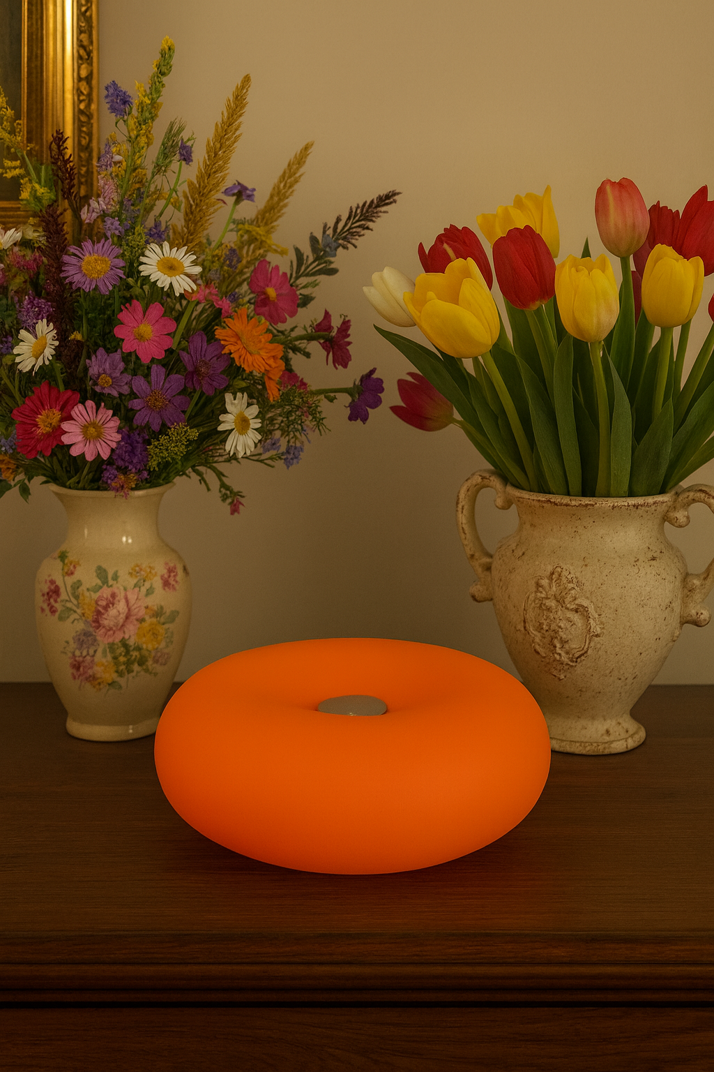 Rechargeable Touch-Sensitive Orange Donut Lamp – Bauhaus Design Table Lamp – 3 LED Lighting Modes – Soft &amp; Modern Ambiance