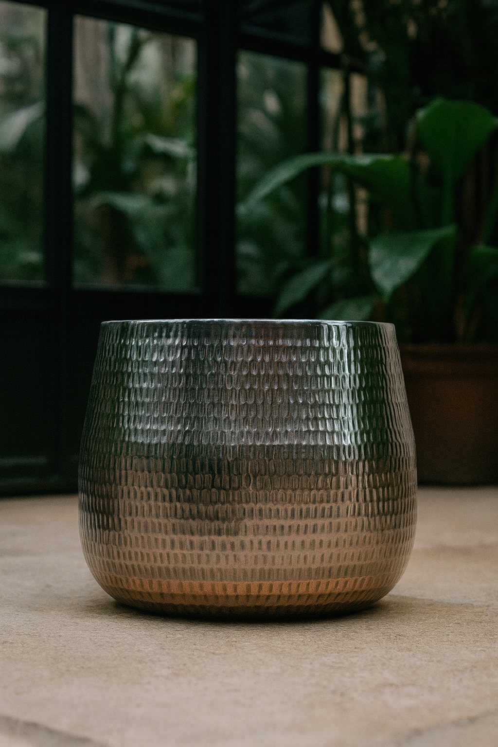 Jenna Lead Anthracite Hammered Cachepot – Contemporary Ceramic Planter