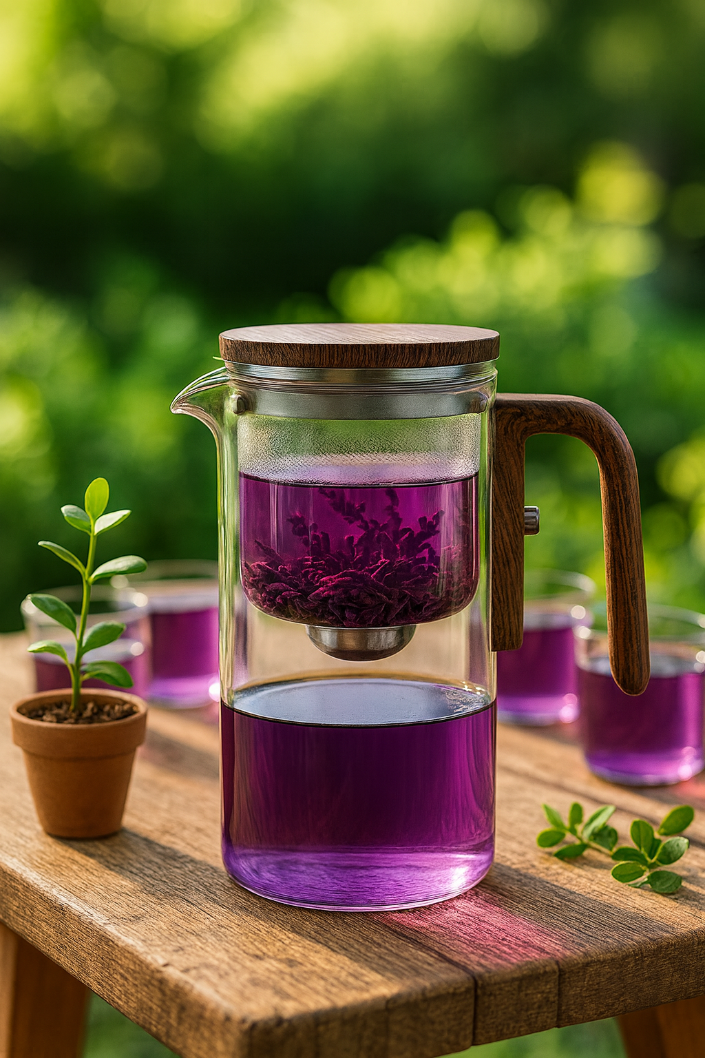 Théière en Verre Borosilicaté 600 ml – Poignée Bois, Filtration à un Clic – Variante Théière Seule ou Coffret avec 6 Tasses