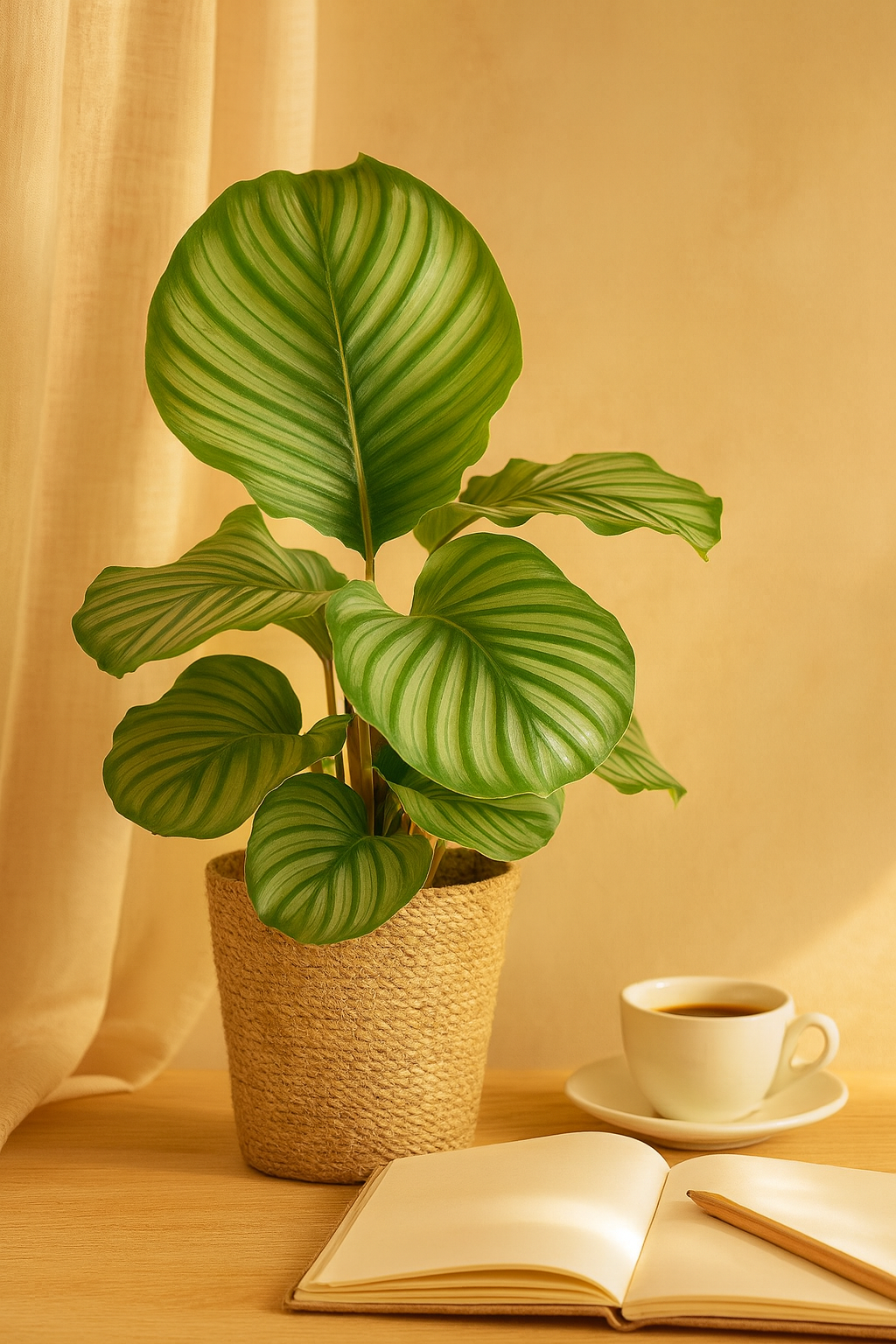 Calathea Orbifolia avec panier Sofia naturel – 65 cm Ø21