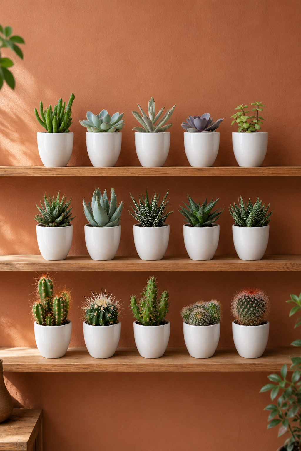 Mixed Cacti & Succulents – 15 Plants in White Pots – Ø5.5 cm