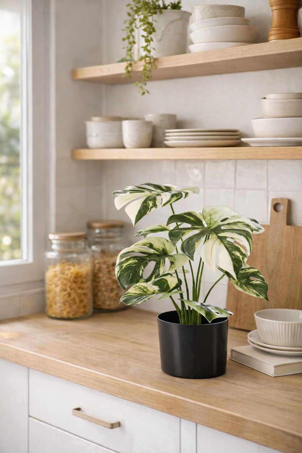 Artificial Monstera Variegata 40cm in a pot – Green &amp; white decorative plant with no maintenance