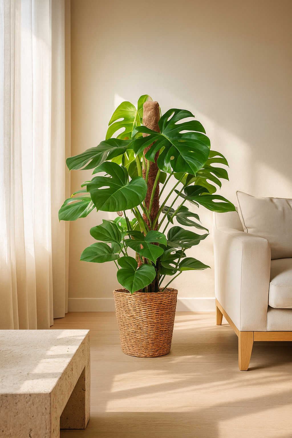 Monstera Deliciosa XL 120 cm – Plante d’intérieur tropicale avec panier Torun Ø24 cm | Feuillage spectaculaire et entretien facile