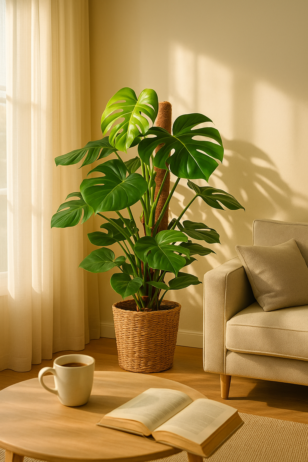 Monstera Deliciosa XL 120 cm – Plante d’intérieur tropicale avec panier Torun Ø24 cm | Feuillage spectaculaire et entretien facile