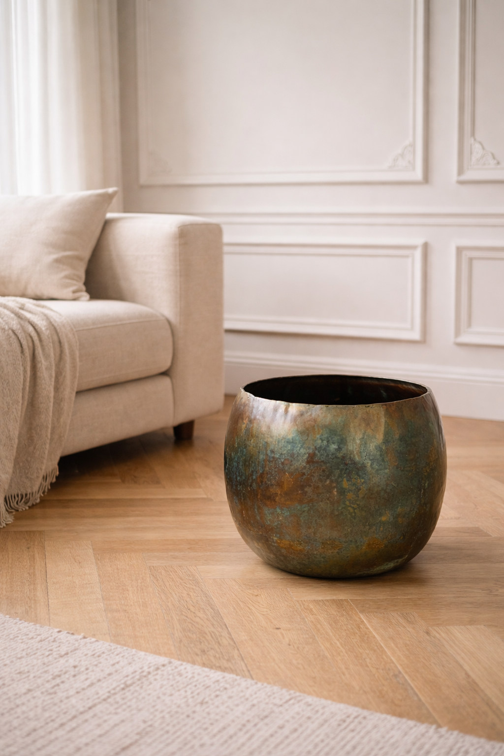 Cache-pot Ellen Vintage Green en métal patiné – Cache-pot décoratif intérieur