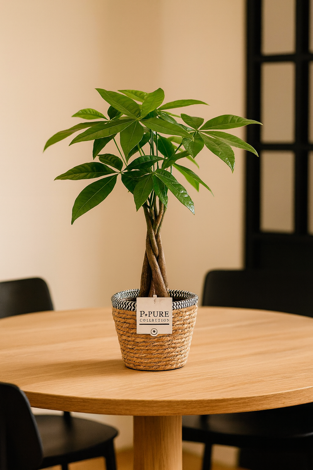 Pachira Aquatica – 45 cm – P&PURE Collection Céramique Noire ou Panier Naturel – Pot Ø12 cm