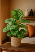 Calathea Orbifolia avec panier Sofia naturel – 65 cm Ø21