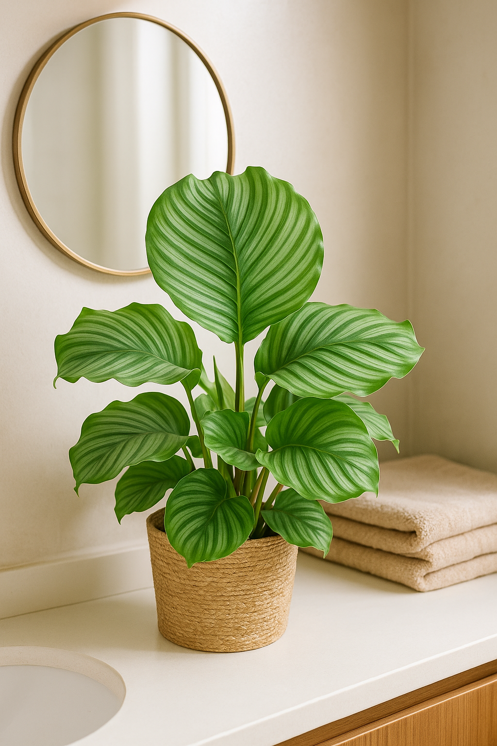 Calathea Orbifolia avec panier Sofia naturel – 65 cm Ø21