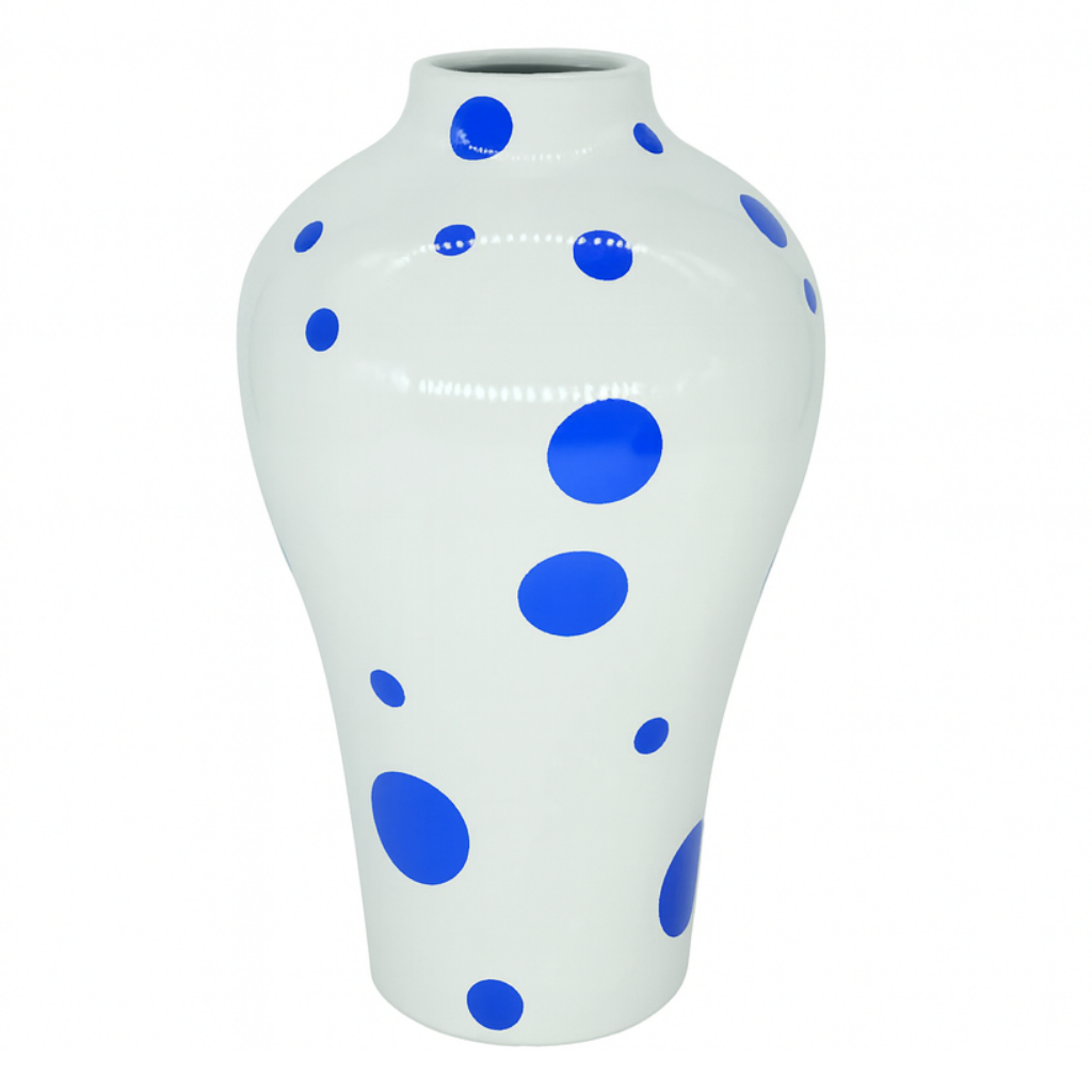 Vase en Céramique Bleue – Motifs Géométriques Modernes (Rayures, Losanges, Pois) – Déco Design 25 cm