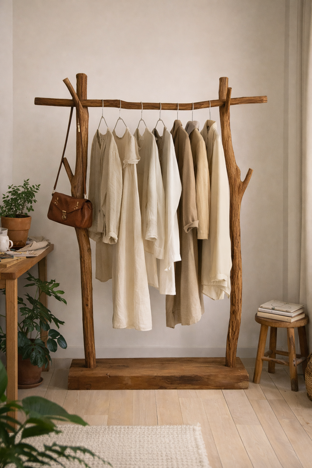 Portant Sculptural en Bois Massif – Design Nature & Esprit Japandi