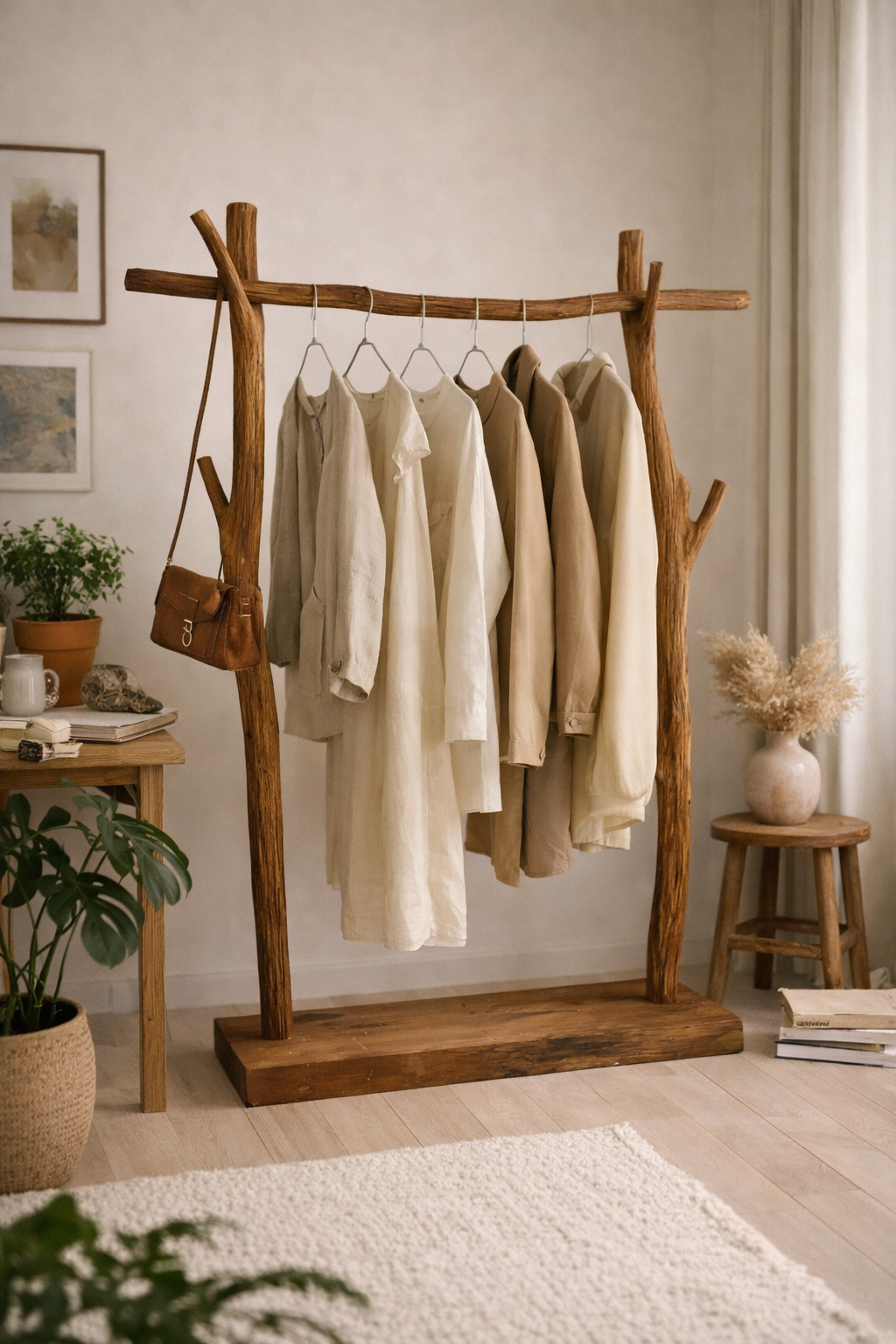 Portant Sculptural en Bois Massif – Design Nature & Esprit Japandi