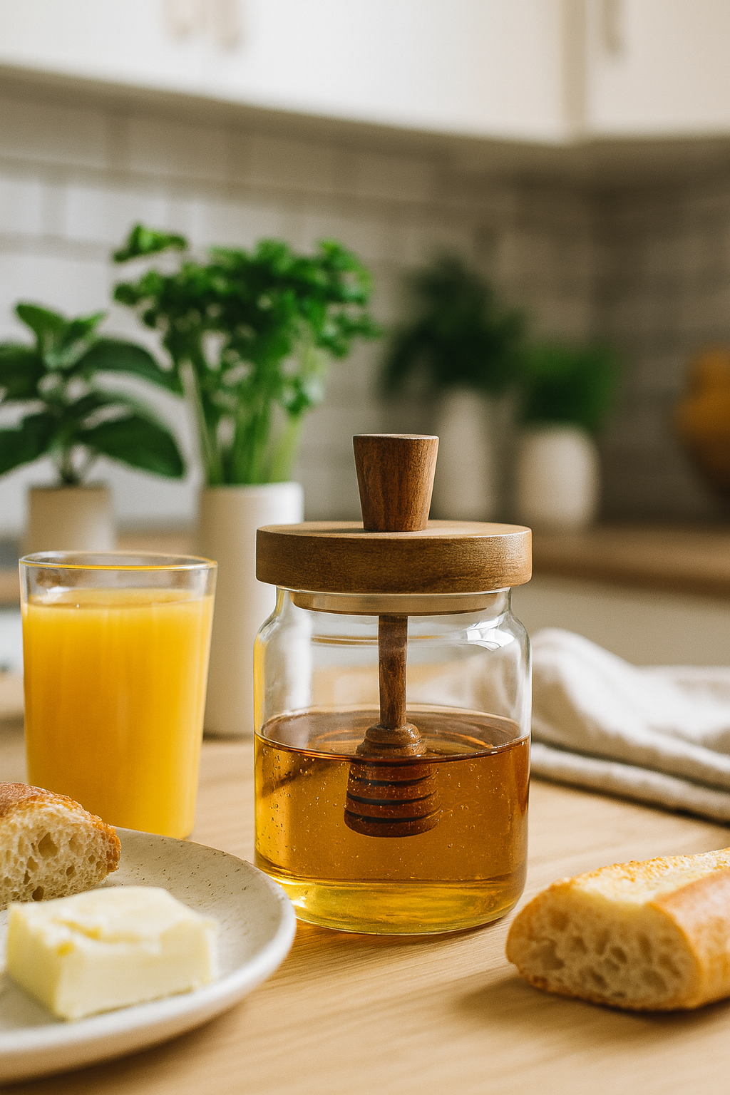 Pot à miel en verre borosilicate avec couvercle bois & dip stick, pot hermétique 350 ml | Accessoire cuisine & déco naturelle