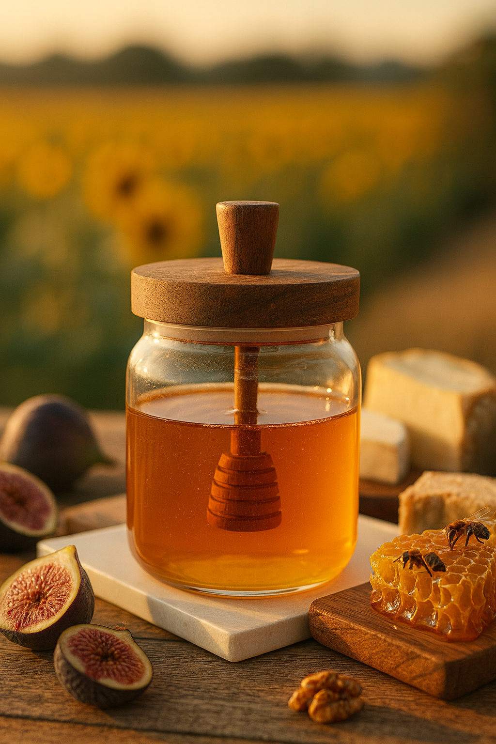 Pot à miel en verre borosilicate avec couvercle bois & dip stick, pot hermétique 350 ml | Accessoire cuisine & déco naturelle