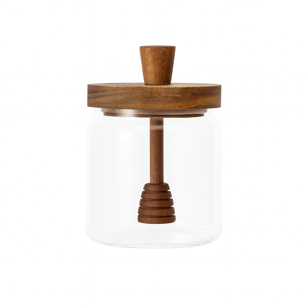 Pot à miel en verre borosilicate avec couvercle bois & dip stick, pot hermétique 350 ml | Accessoire cuisine & déco naturelle