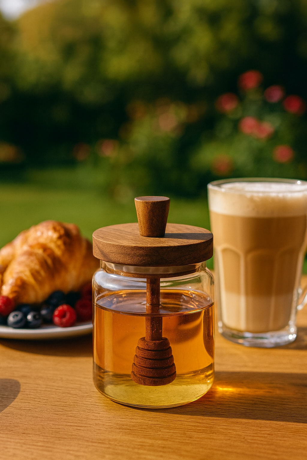 Pot à miel en verre borosilicate avec couvercle bois & dip stick, pot hermétique 350 ml | Accessoire cuisine & déco naturelle