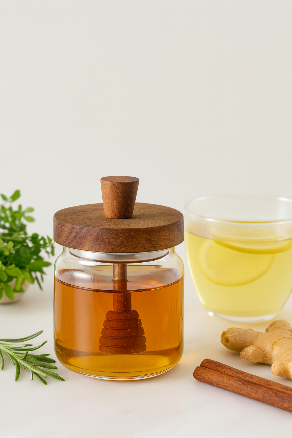 Pot à miel en verre borosilicate avec couvercle bois & dip stick, pot hermétique 350 ml | Accessoire cuisine & déco naturelle