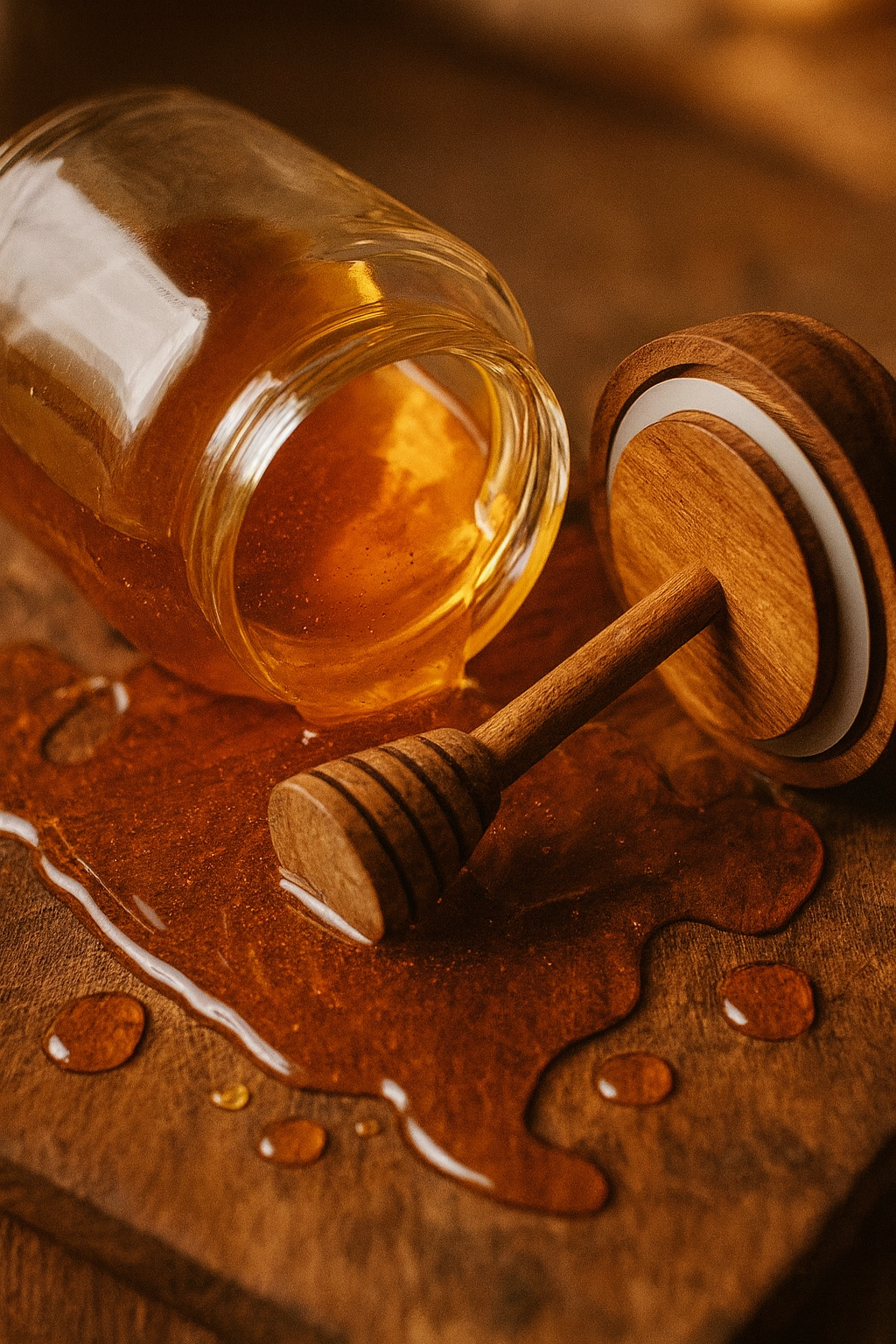 Pot à miel en verre borosilicate avec couvercle bois & dip stick, pot hermétique 350 ml | Accessoire cuisine & déco naturelle