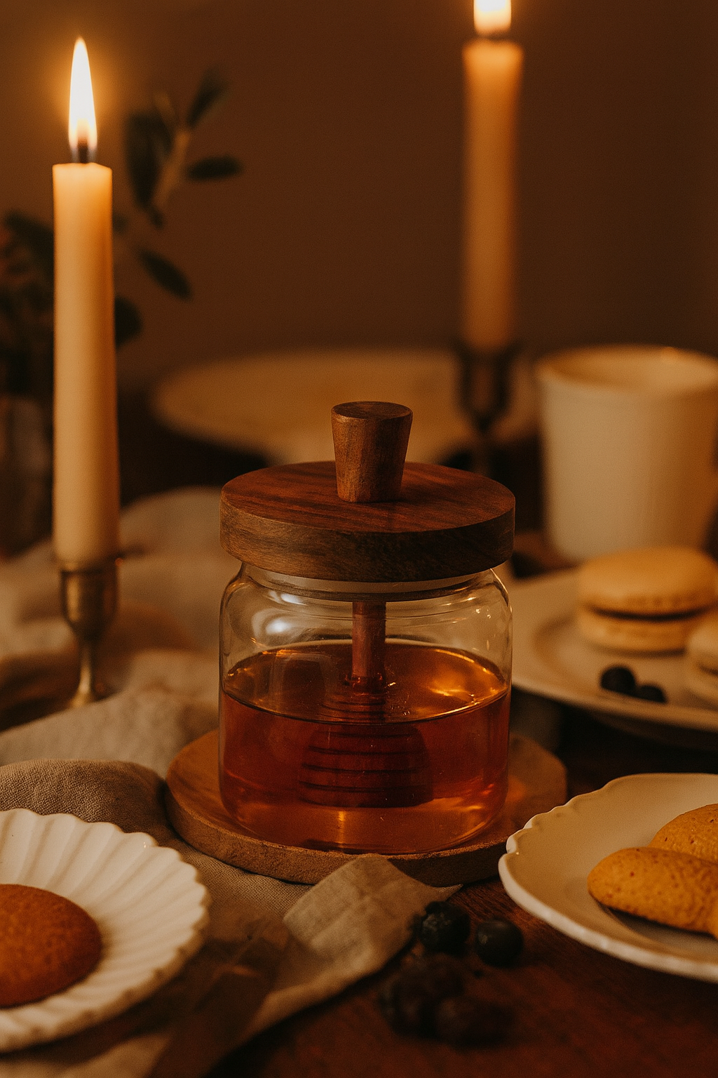 Pot à miel en verre borosilicate avec couvercle bois & dip stick, pot hermétique 350 ml | Accessoire cuisine & déco naturelle