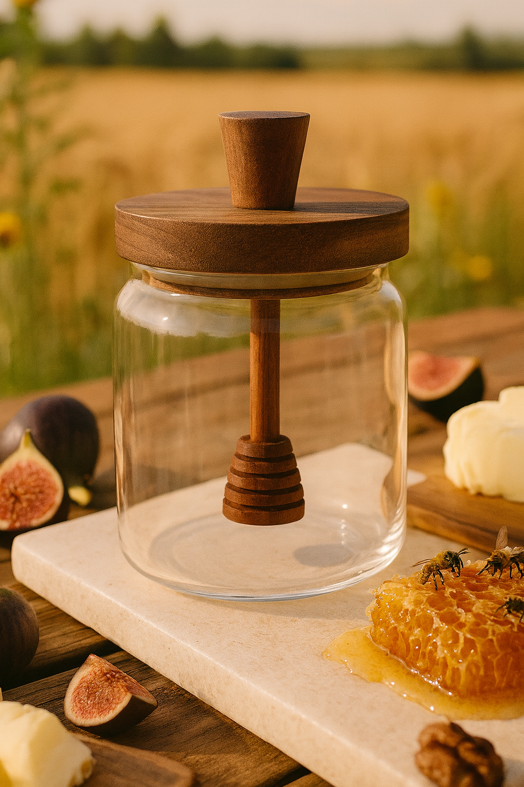 Pot à miel en verre borosilicate avec couvercle bois & dip stick, pot hermétique 350 ml | Accessoire cuisine & déco naturelle