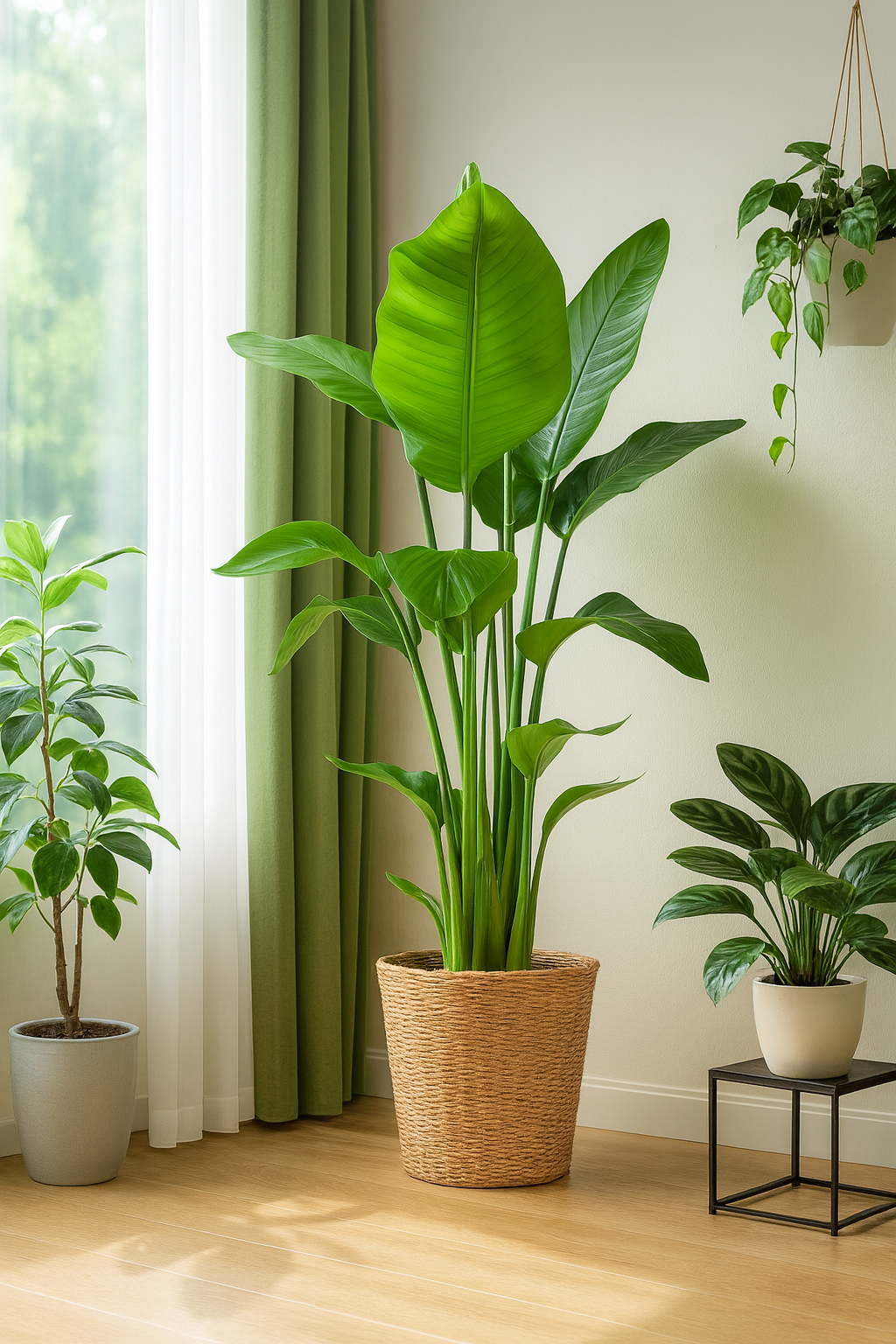 Strelitzia Nicolai XL – Plante d’intérieur tropicale 140 cm avec panier Torun Ø27 cm | Élégance naturelle et feuillage spectaculaire