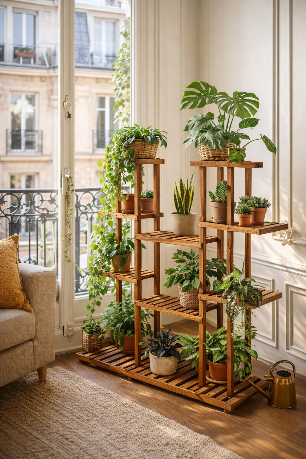 Support à Plantes en Bois – Étagère Botanique Verticale en Pin Carbonisé pour Intérieur & Extérieur