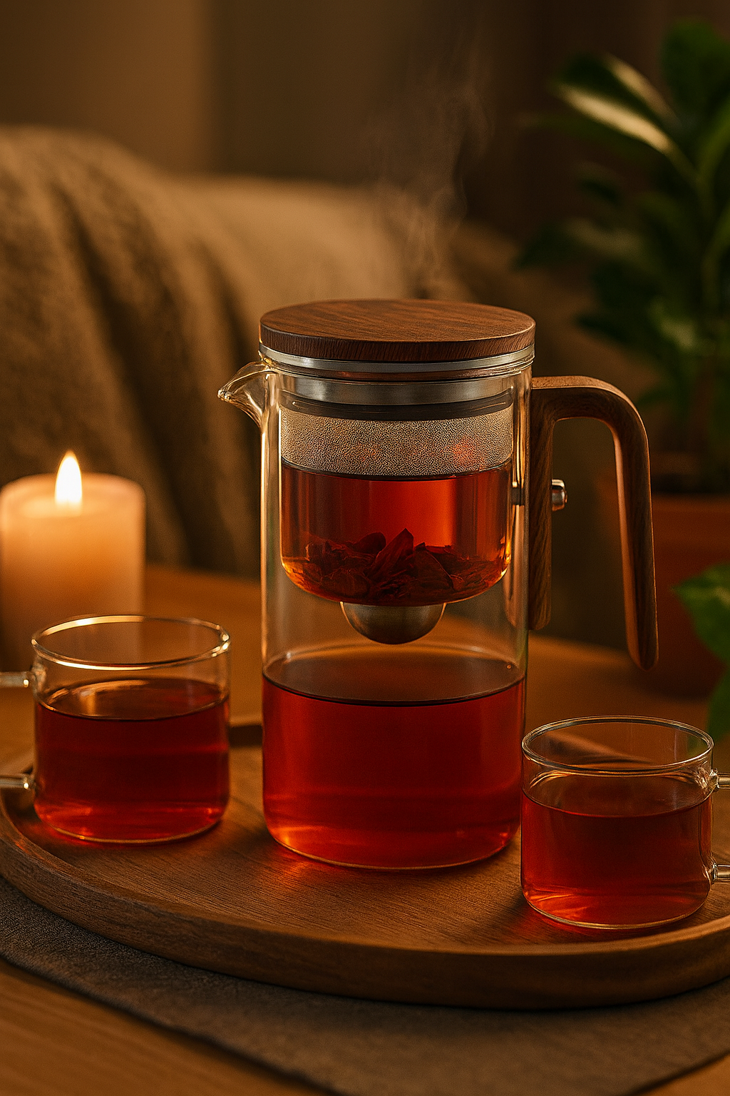 Théière en Verre Borosilicaté 600 ml – Poignée Bois, Filtration à un Clic – Variante Théière Seule ou Coffret avec 6 Tasses