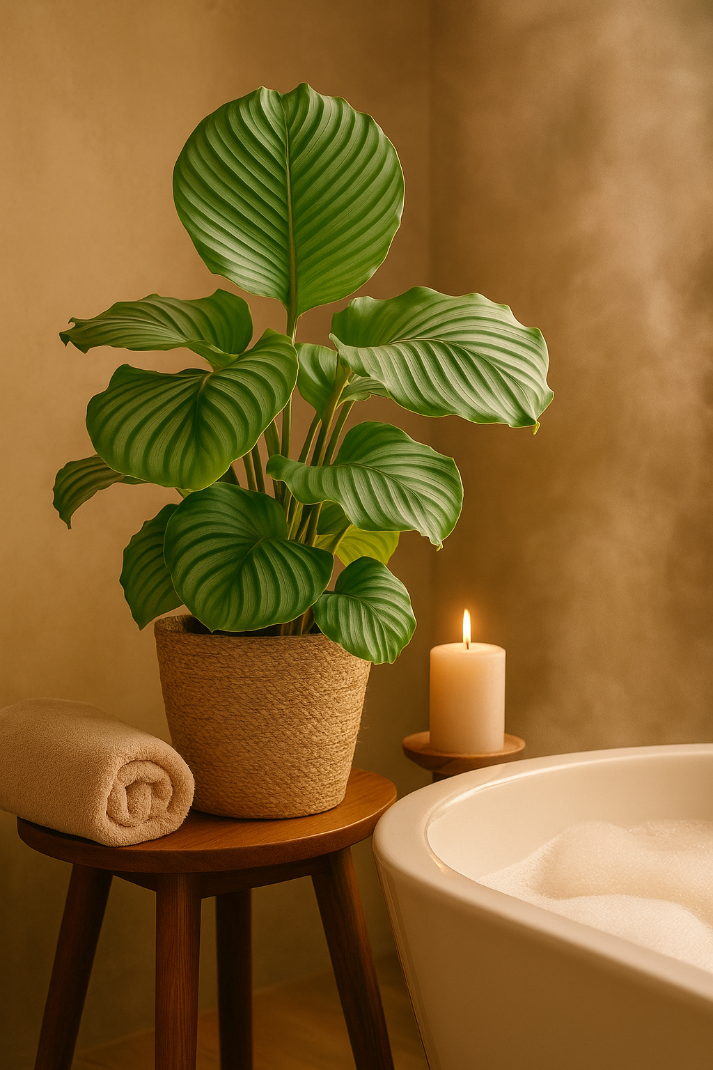 Calathea Orbifolia avec panier Sofia naturel – 65 cm Ø21