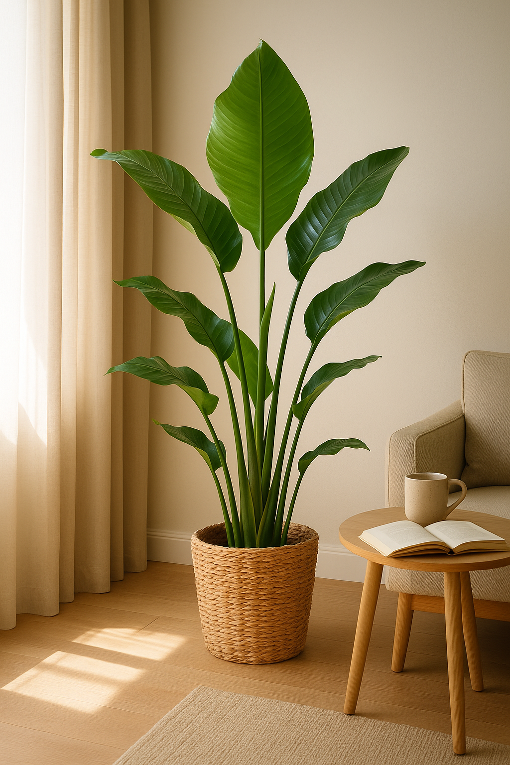 Strelitzia Nicolai XL – Plante d’intérieur tropicale 140 cm avec panier Torun Ø27 cm | Élégance naturelle et feuillage spectaculaire
