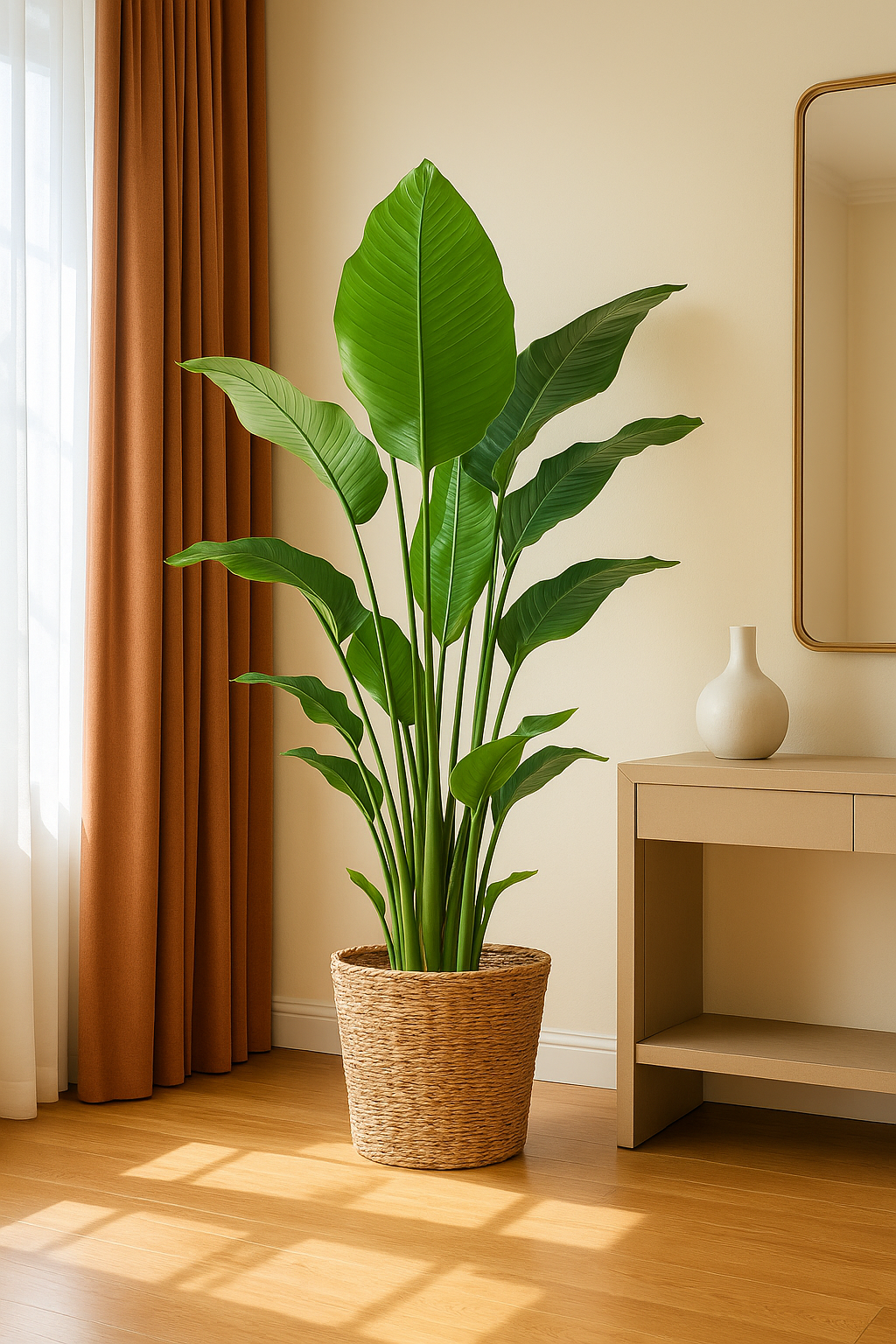 Strelitzia Nicolai XL – Plante d’intérieur tropicale 140 cm avec panier Torun Ø27 cm | Élégance naturelle et feuillage spectaculaire