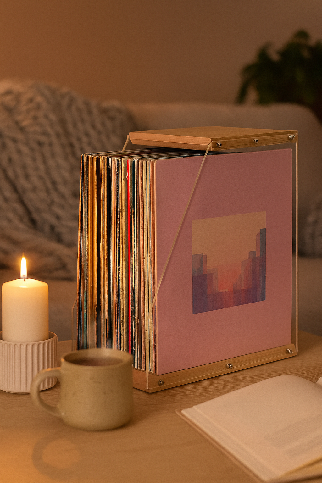 Schallplattenhalter aus Holz und Plexiglas – Schallplattenaufbewahrung, Schallplattenhalter im Design für über 40 LPs – Transparenter und eleganter Organizer