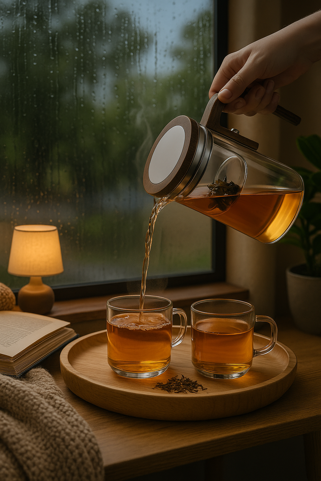 Théière en Verre Borosilicaté 600 ml – Poignée Bois, Filtration à un Clic – Variante Théière Seule ou Coffret avec 6 Tasses