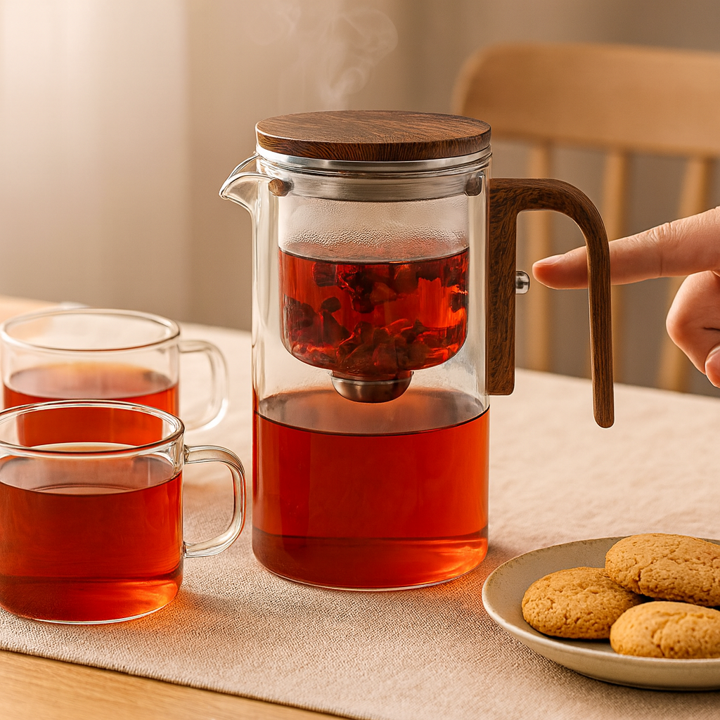 Théière en Verre Borosilicaté 600 ml – Poignée Bois, Filtration à un Clic – Variante Théière Seule ou Coffret avec 6 Tasses